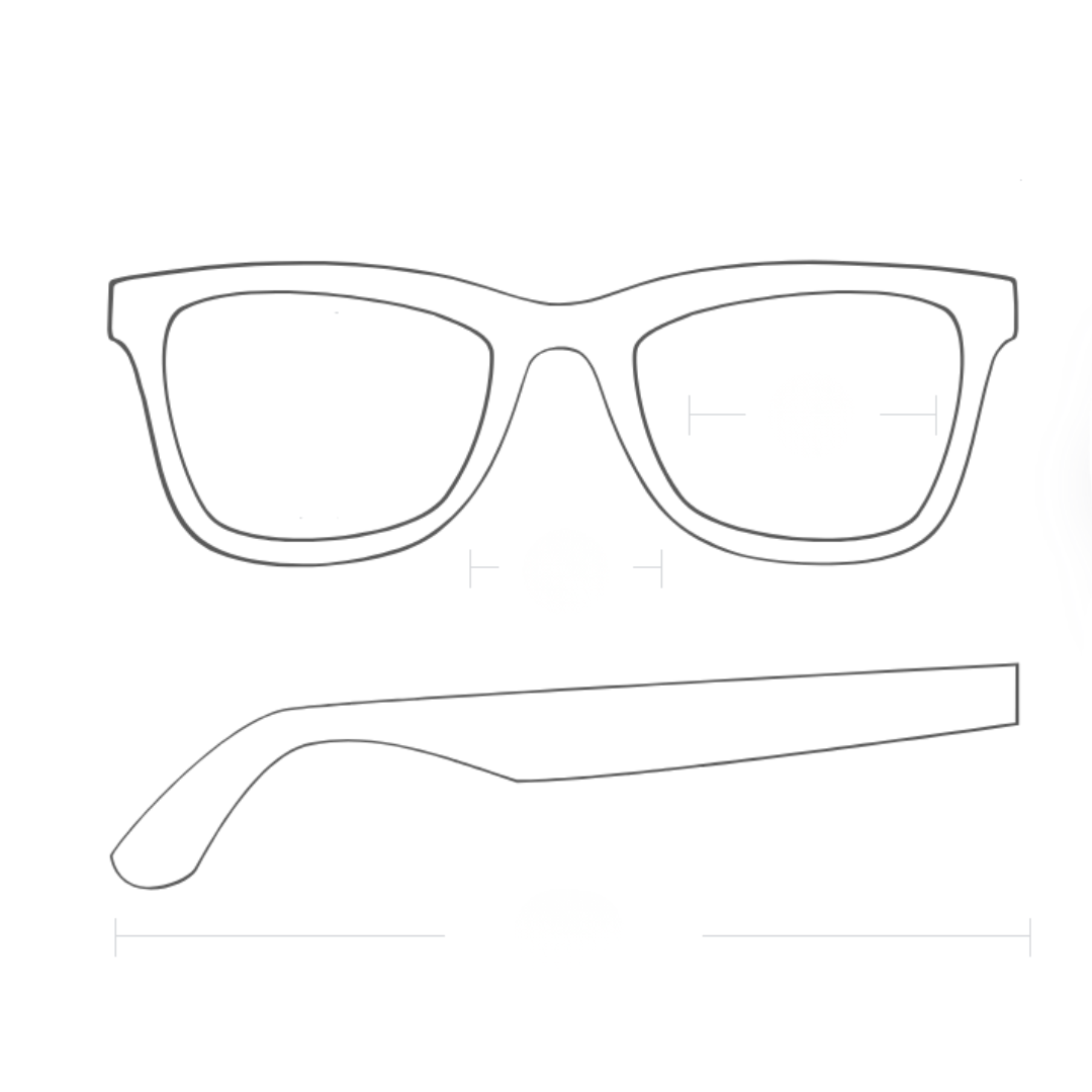 Frame size diagram showing where lens width, bridge width, and temple length are measured.