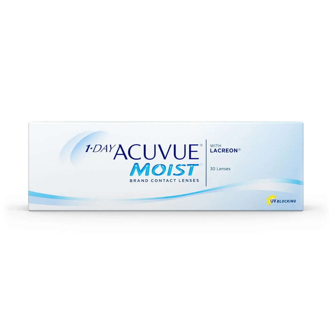 Acuvue Moist contact lenses box providing daily comfort and moisture for all-day wear.