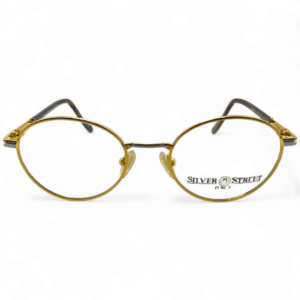 Front view of Silver Street Italy round eyeglasses with gold frames and brown temple tips, showcasing the classic round design and delicate detailing on the bridge and temples